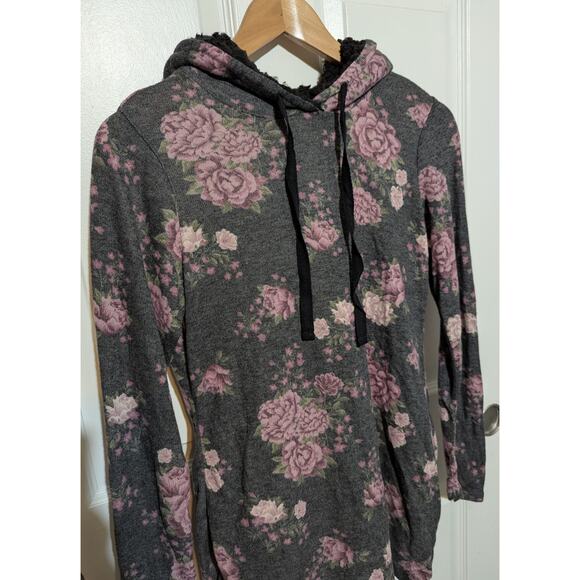Ultra Flirt Large Gray Lightweight Sherpa Lined Hoodie Pink Floral Tunic To, L - Picture 4 of 9